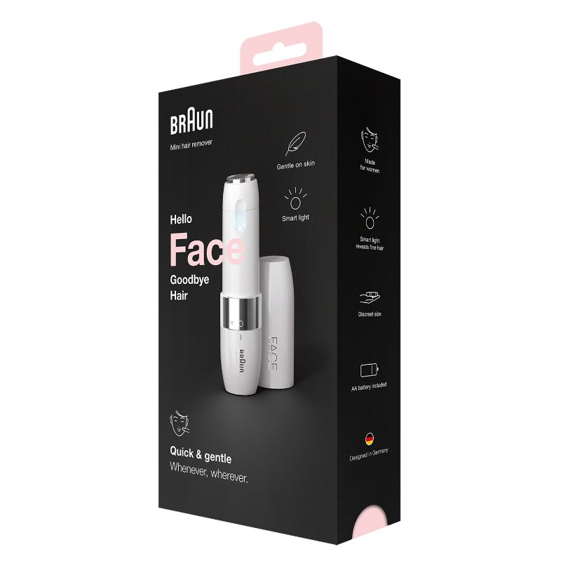 Braun FS1000 Face Mini Hair Remover in white, features Smartlight for precise, gentle hair removal on sensitive areas.