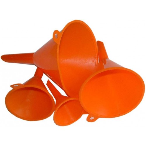 Xcel 4-Piece Plastic Funnel Set with sizes 50mm, 75mm, 95mm, 115mm for easy pouring and transferring liquids.