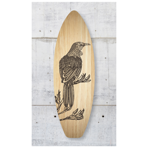 Zentangle Tui surfboard wall art in eco-friendly wood, perfect for ocean lovers and unique home decor.