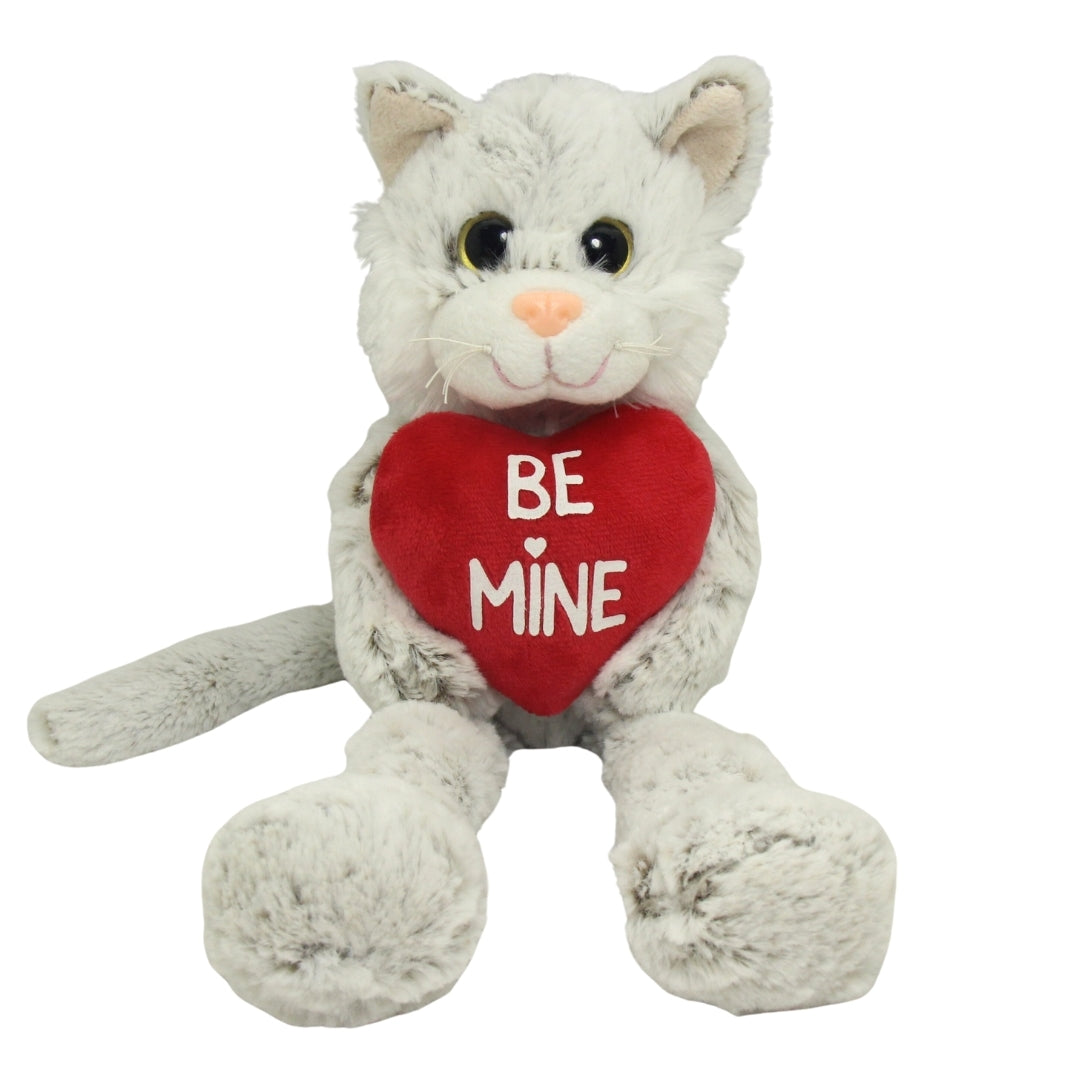 Soft Plush Toy - Romance Bella Cat. Cat holding red heart with print Be Mine