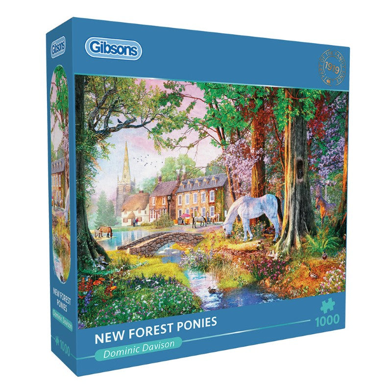 1000-piece jigsaw puzzle featuring New Forest ponies by a stream, illustrated by Dominic Davison, eco-friendly design.