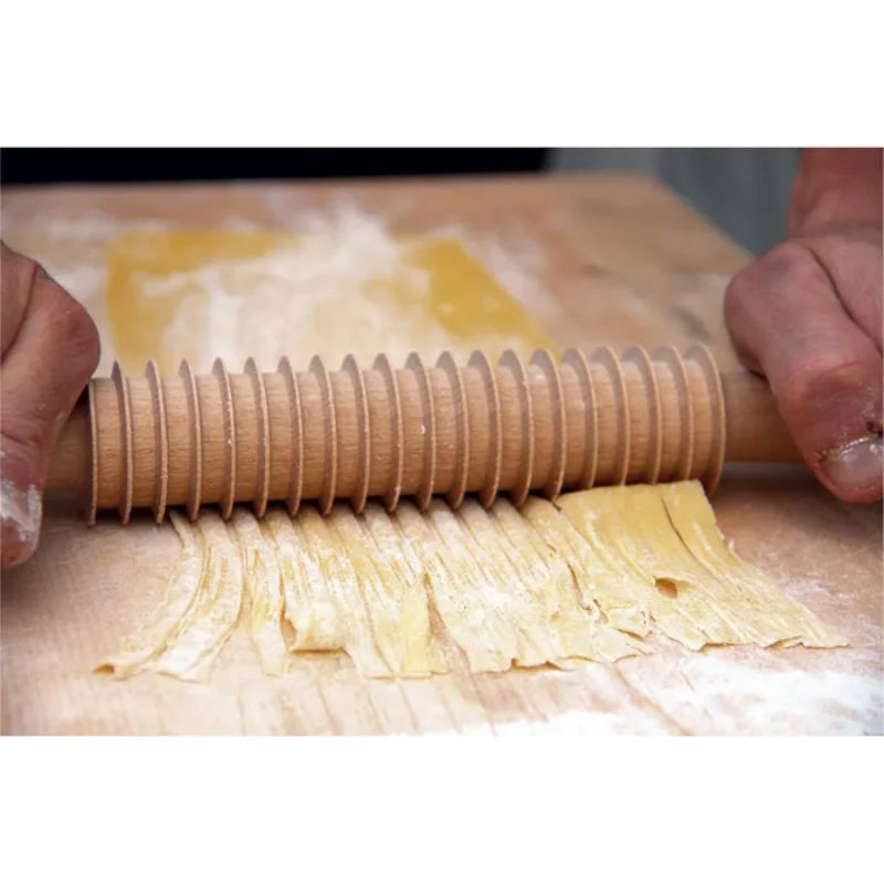Beechwood pappardelle cutter and rolling pin, 320mm, ideal for making homemade pasta with rustic elegance.