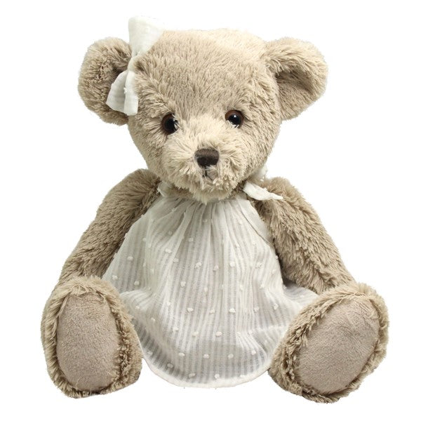 Clare Bear wearing a white linen dress, standing 37cm tall, perfect for cuddling and as a decorative plush toy.