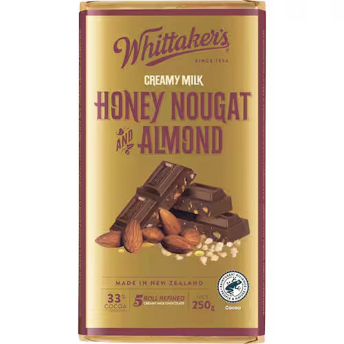 Whittaker's Chocolate Block Honey Nougat Almond 250g - Carton of 12