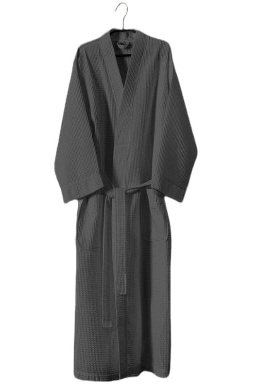 Charcoal waffle bathrobe by BAKSANA, one size fits all, with pockets and waist tie for comfort and style.