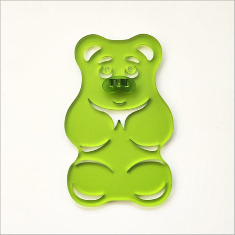 Lime green satin acrylic Gummy Bear wall art, 88mm x 139mm, playful and moisture-resistant decor piece.