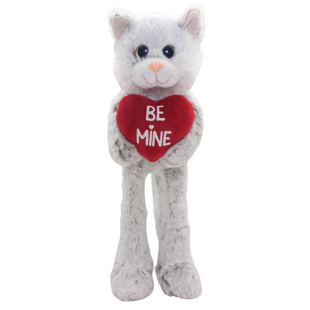 Soft Plush Toy - Romance Bella Cat. Cat holding red heart with print Be Mine