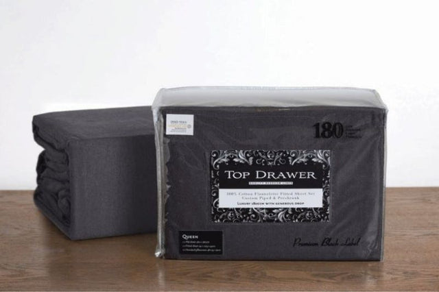 Super King Flannelette Sheet Set in Graphite, 180GSM, includes flat, fitted sheet, and pillowcases for cozy winter comfort.