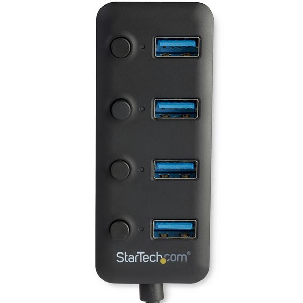 4-Port USB 3.0 hub with individual switches for power management, perfect for connecting multiple devices on-the-go.