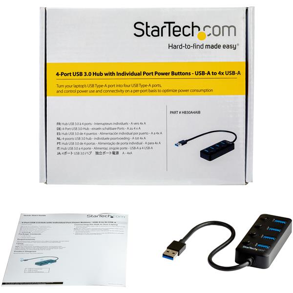 4-Port USB 3.0 hub with individual on/off switches for power management and connection of multiple devices.