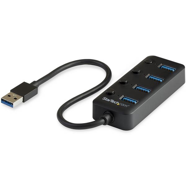 4-Port USB 3.0 Hub with on/off switches for power management, ideal for connecting multiple devices on the go.