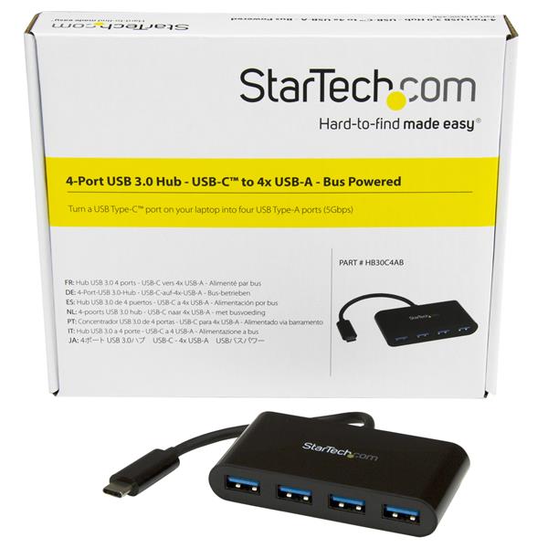 4-Port USB-C to USB-A Hub for seamless connectivity across Mac, Windows, and Linux devices, featuring plug-and-play USB 3.0 support.