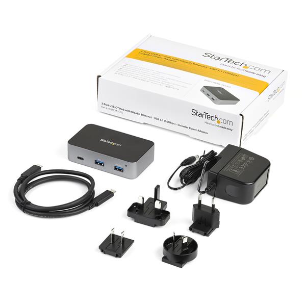 3-Port USB-C Hub with 10Gbps transfer, Gigabit Ethernet, and fast charging for versatile connectivity.
