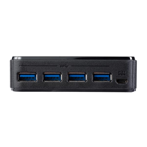 4-Port USB 3.0 switch for sharing peripherals between multiple computers, featuring fast data transfer and easy remote selection.
