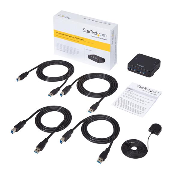 4-Port USB 3.0 switch connecting up to 4 computers to USB devices with fast data transfer and remote selector feature.