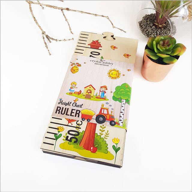 Farm Life Growth Chart Ruler, 195cm, wooden wall art with 5 puzzle pieces for tracking child's height in a farm-themed nursery.