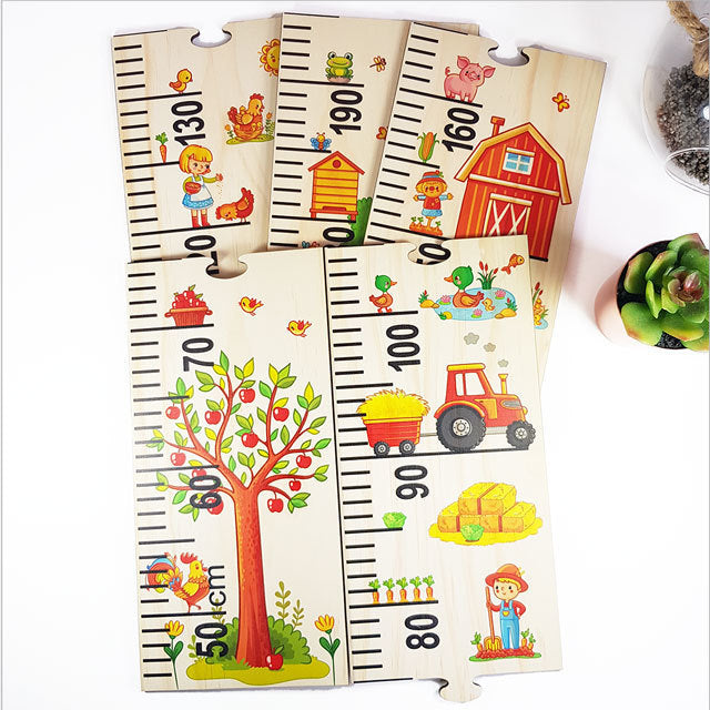 Farm Life Growth Chart Ruler made of pine veneer, measuring up to 195cm, featuring interactive puzzle pieces for kids.