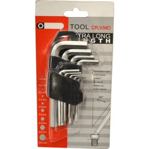 Metric hex key wrench set (1.5-10mm) in holder, ideal for precise fastening and efficient access.