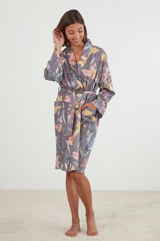 Botanical grey kimono robe with floral design, two pockets, waist tie; made from 100% cotton voile, size S/M.