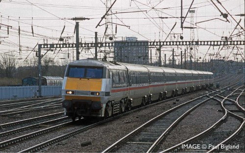 Hornby BR Mk4 Standard Coach E model, showcasing intricate details and design from the late 1980s British rail era.