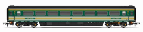 Hornby Trains FGW Mk3 Trailer 1st 41131 model coach in First Great Western livery, showcasing modern rail design features.