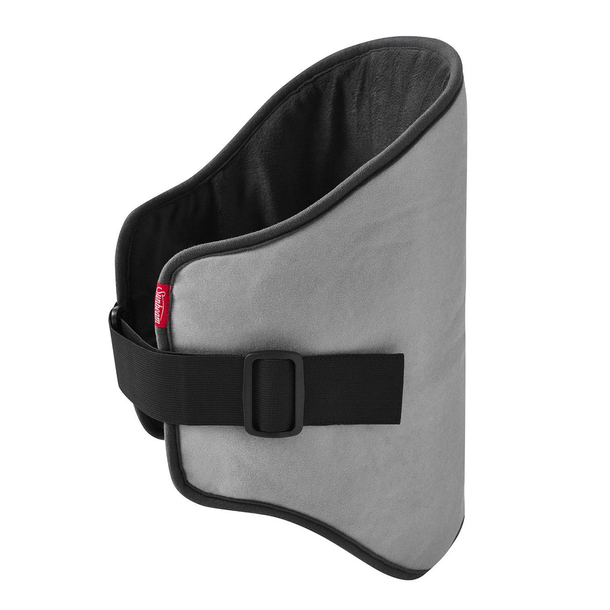 Sunbeam Lower Back Heating Pad in grey with adjustable strap, five heat settings, and plush fabric for soothing relief.