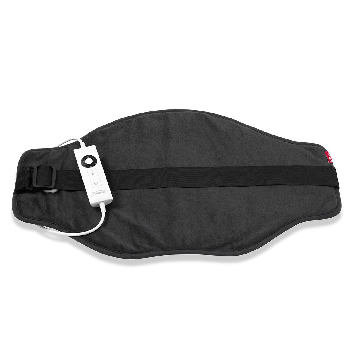Sunbeam Lower Back Heating Pad in grey, featuring adjustable strap, 5 heat settings, and machine washable plush fabric.