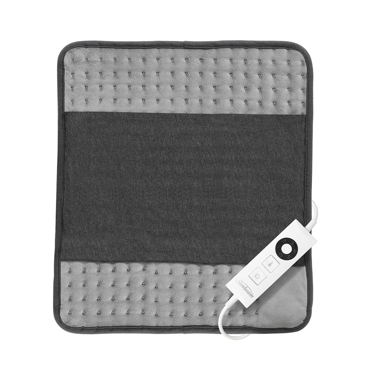Sunbeam HPM5000 heating pad in grey, designed for soothing muscle relief with adjustable heat settings and fabric sleeve.