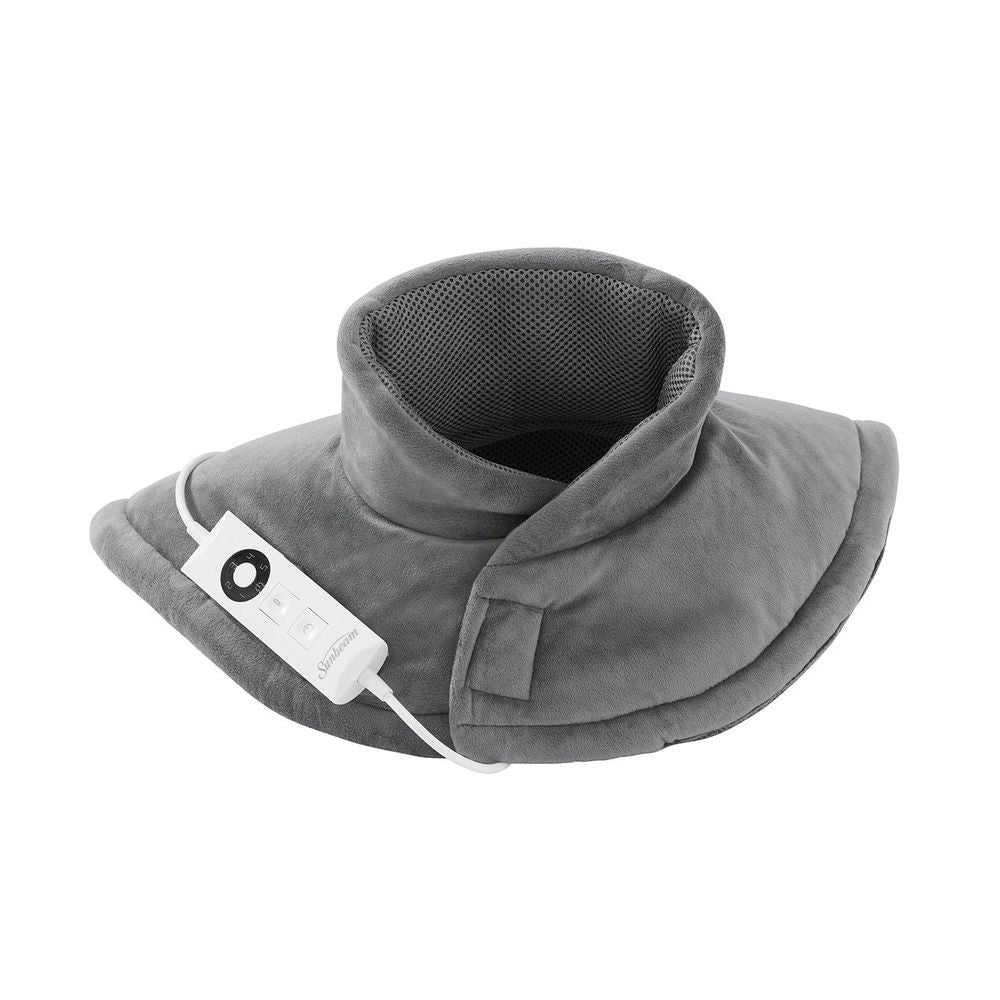 Sunbeam HPN5300 heating pad, grey, ergonomically designed for neck and shoulders, with 5 heat settings and auto-off feature.