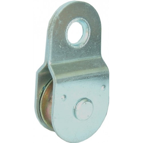 Durable steel pulley block with 40mm sheave, fixed eye, and zinc plating for corrosion resistance in diverse rigging applications.