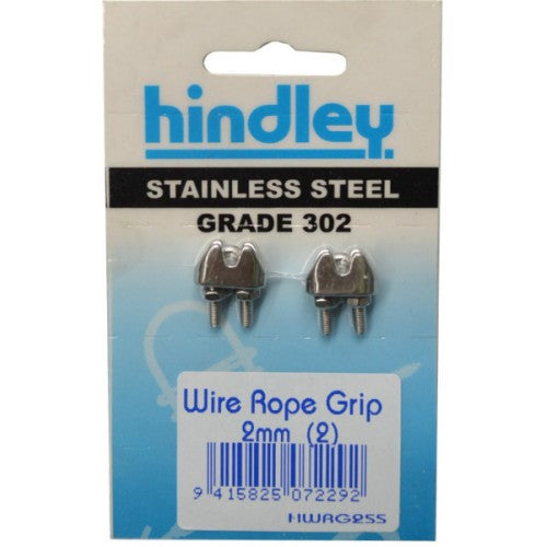 Stainless Wire Rope Grip 2mm, 2 per card, made of durable 302 Grade Stainless Steel for secure outdoor cable connections.
