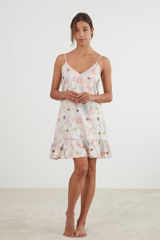 Blush pink sateen nightie with pressed flower design, 'v' neck, adjustable straps, and frilled hem by BAKSANA.