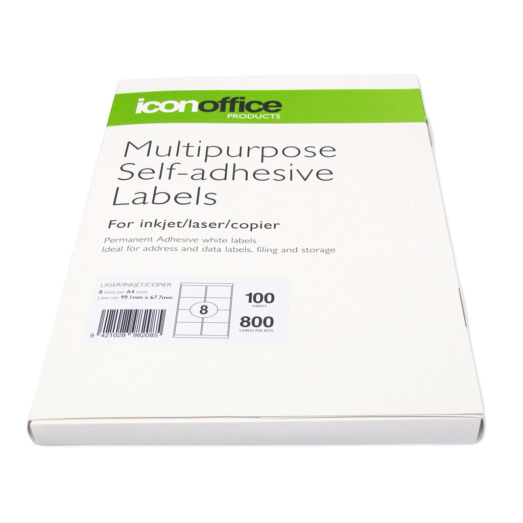 Icon A4 adhesive labels, 8 per sheet, 99.1x67.7mm, perfect for printing address and organizational labels.