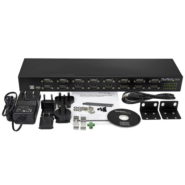 16-Port rack-mountable USB-to-Serial Hub for industrial use, supporting RS232 connections and daisy chaining for scalability.