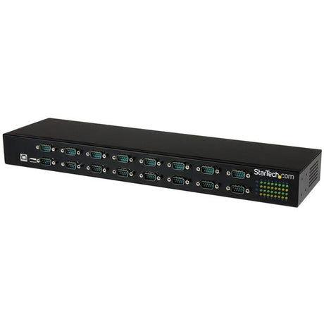 16-port rack-mountable USB-to-serial adapter hub for industrial automation with rugged design and daisy-chain capability.