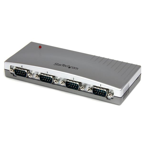 4-Port USB to RS232 Serial Adapter Hub connecting 4 devices to Mac/PC, featuring compact design and DB9M connectors.