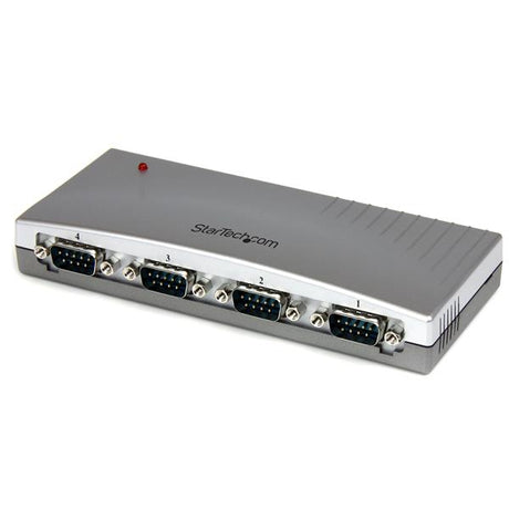 4-Port USB to RS232 Serial Adapter Hub connecting 4 devices to Mac/PC, featuring compact design and DB9M connectors.