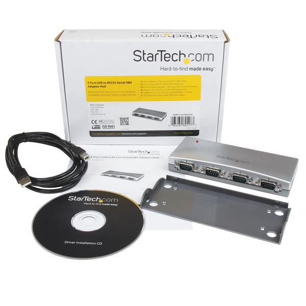 4-Port USB to RS232 Adapter Hub connects 4 serial devices to Mac/PC, compact design, bus-powered, DB9M connectors.