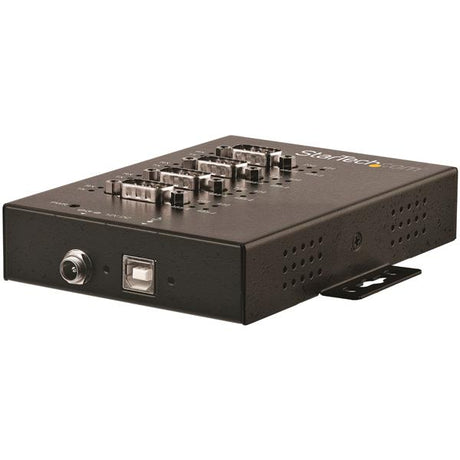 4-Port USB to Serial Hub Adapter for RS232/RS485/RS422, compact design, rugged metal housing, fast data transfer, versatile connectivity.