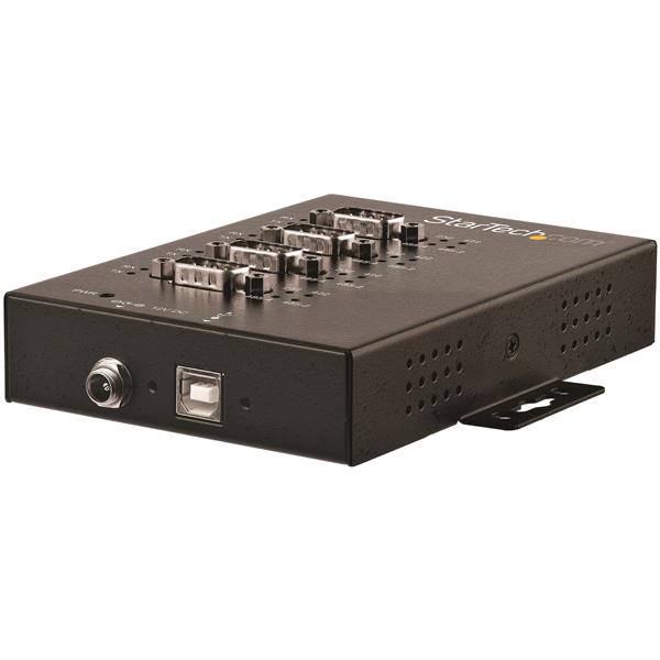 4-Port USB to Serial Hub Adapter for RS232/RS485/RS422, compact design, rugged metal housing, fast data transfer, versatile connectivity.