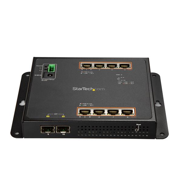 8-Port PoE+ managed Gigabit switch with 2 SFP ports, IP30-rated metal housing for industrial use and extreme temperatures.