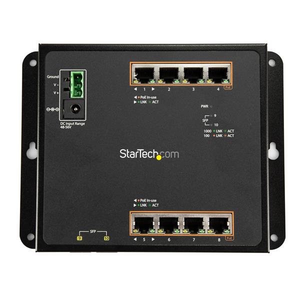 8-Port PoE+ managed Ethernet switch with 2 SFP ports, IP30 industrial design for durability in harsh environments.
