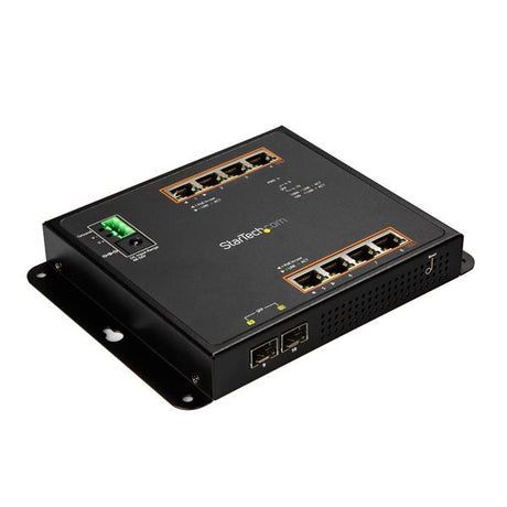 8-Port PoE+ managed switch with IP30 design for industrial use, featuring metal housing and 2 SFP ports for flexible connections.