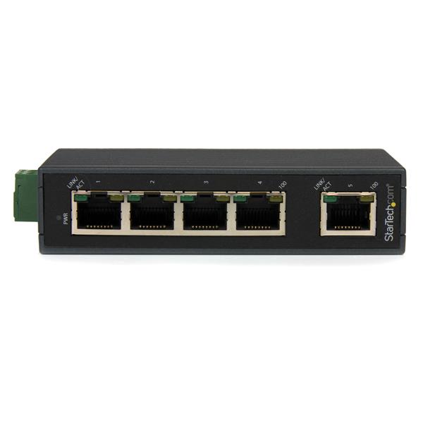 5-Port Industrial Ethernet Switch with IP30 housing, 10/100 Mbps, DIN rail mount for reliable industrial networking.