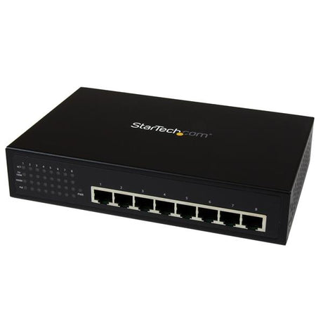 8-Port Industrial PoE Switch for seamless power and data delivery to multiple devices, with robust metal enclosure and LED indicators.
