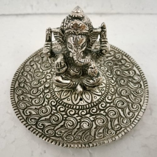 Incense Holder - White Metal Round Ganesha (10.3cm)