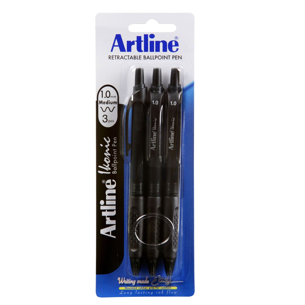 Artline Ikonic Bpp Retractable Grip Medium Black pen with ergonomic design and tungsten carbide ball for smooth writing.