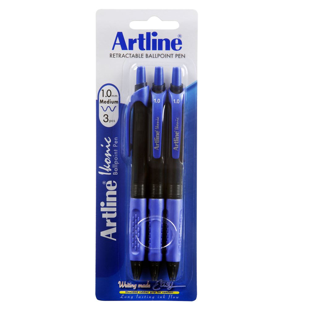 Artline Ikonic Bpp Retractable Grip Medium Blue pen with ergonomic grip and smooth writing for school and creative projects.