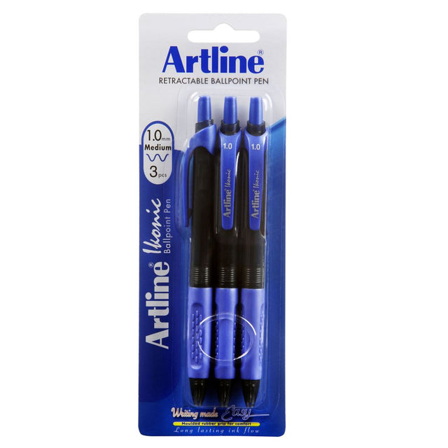 Artline Ikonic Bpp Retractable Grip Medium Blue pen with ergonomic grip and smooth writing for school and creative projects.