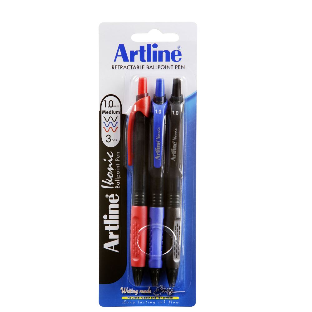 Artline Ikonic BPP retractable pens in assorted colors with ergonomic grip for smooth, comfortable writing.